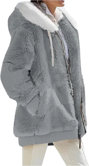 Womens 2024 Winter Fuzzy Fleece Jacket Hooded Color Block Patchwork Long Sleeve Cardigan Coats Outerwear with Pockets