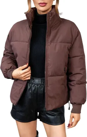 Women's 2024 Winter Long Sleeve Zipper Puffer Crop Jacket Pockets Baggy Short Coats Jackets Casual Outerwear