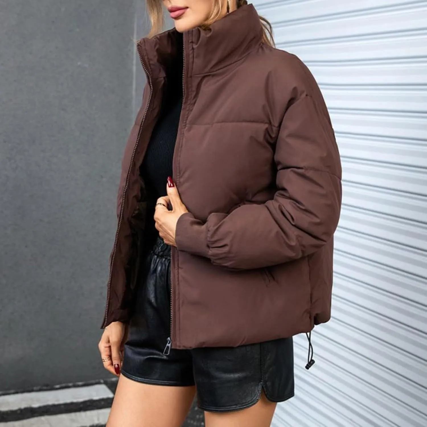 Women's 2024 Winter Long Sleeve Zipper Puffer Crop Jacket Pockets Baggy Short Coats Jackets Casual Outerwear