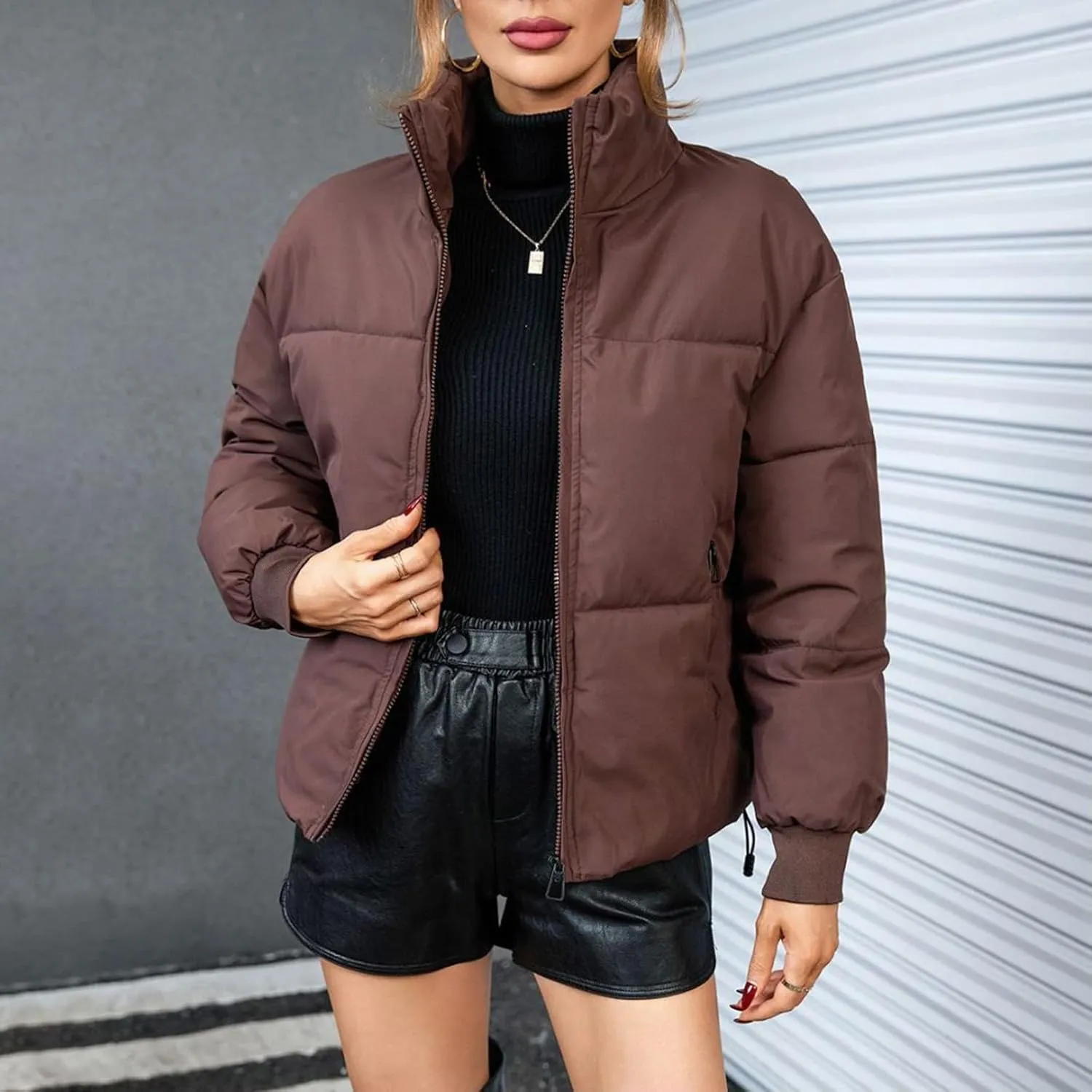 Women's 2024 Winter Long Sleeve Zipper Puffer Crop Jacket Pockets Baggy Short Coats Jackets Casual Outerwear