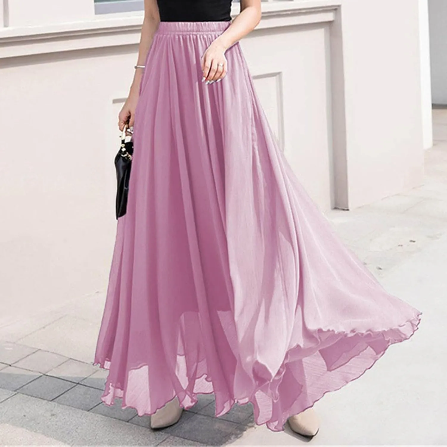 Womens A-Line Maxi Skirts Ruffle Elastic Waist Pleated Long Skirt Summer Beach Vacation Casual Loose Clothes 2025