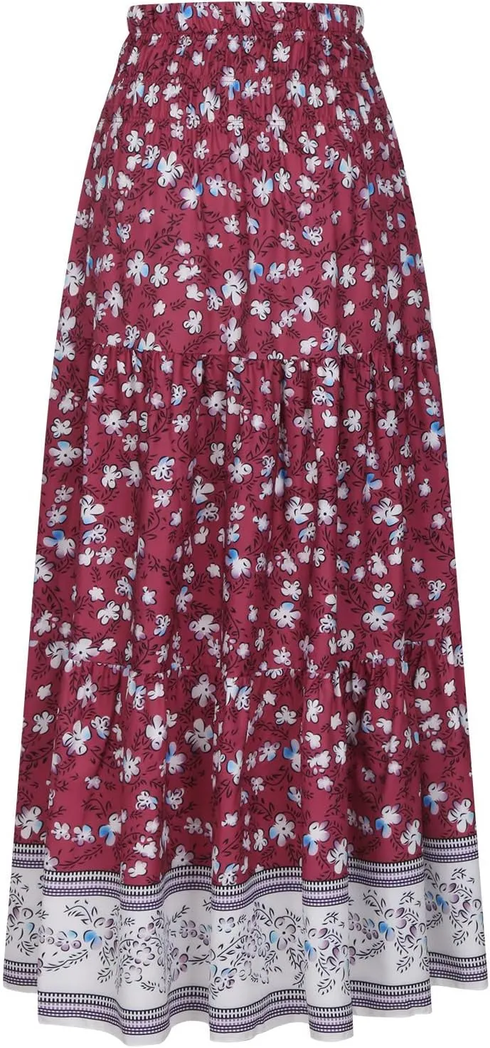 Womens Boho Floral Print Maxi Skirt Summer High Waist A-Line Beach Skirts Lightweight Flowy Vacation Long Skirt