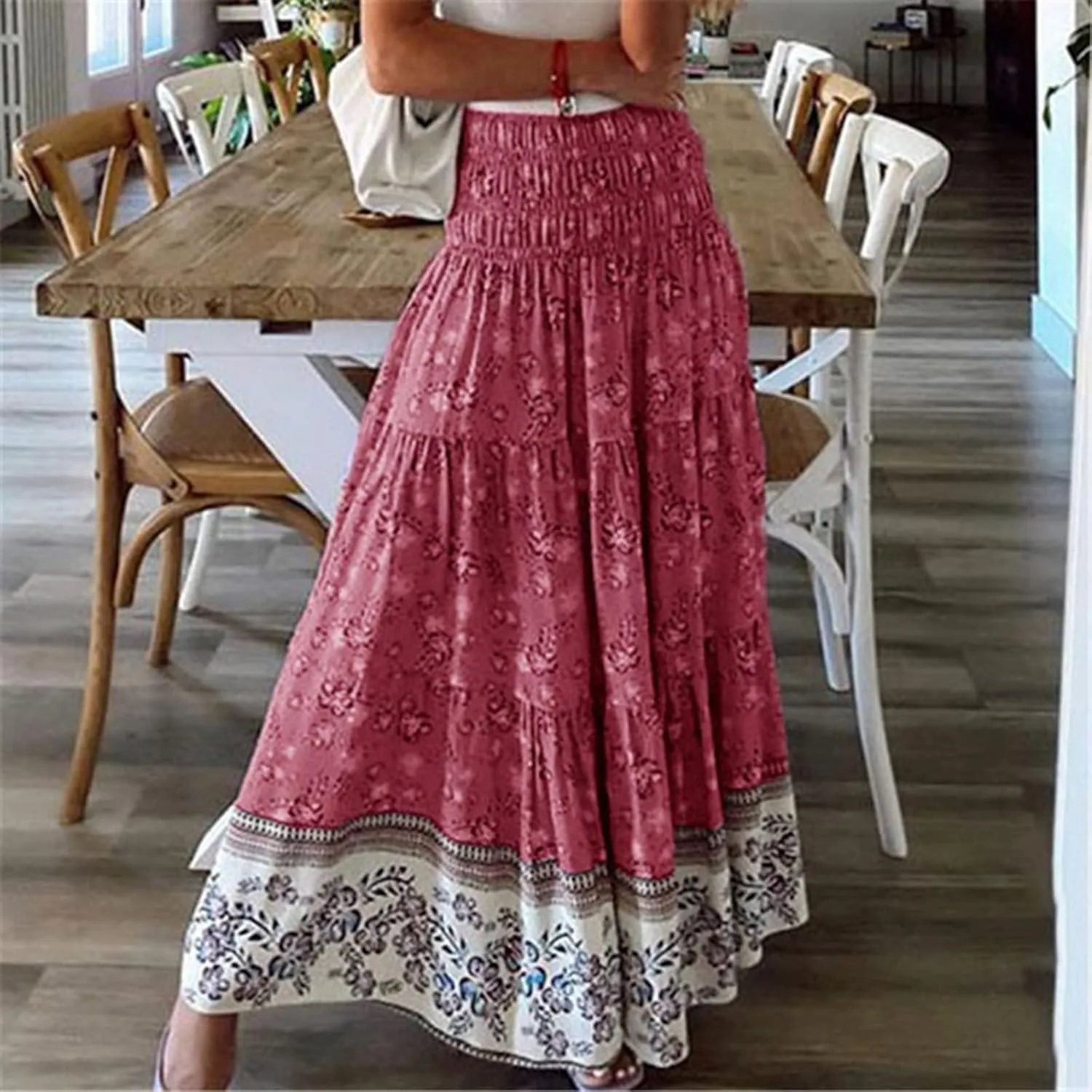 Womens Boho Floral Print Maxi Skirt Summer High Waist A-Line Beach Skirts Lightweight Flowy Vacation Long Skirt
