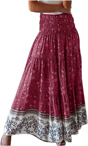 Womens Boho Floral Print Maxi Skirt Summer High Waist A-Line Beach Skirts Lightweight Flowy Vacation Long Skirt