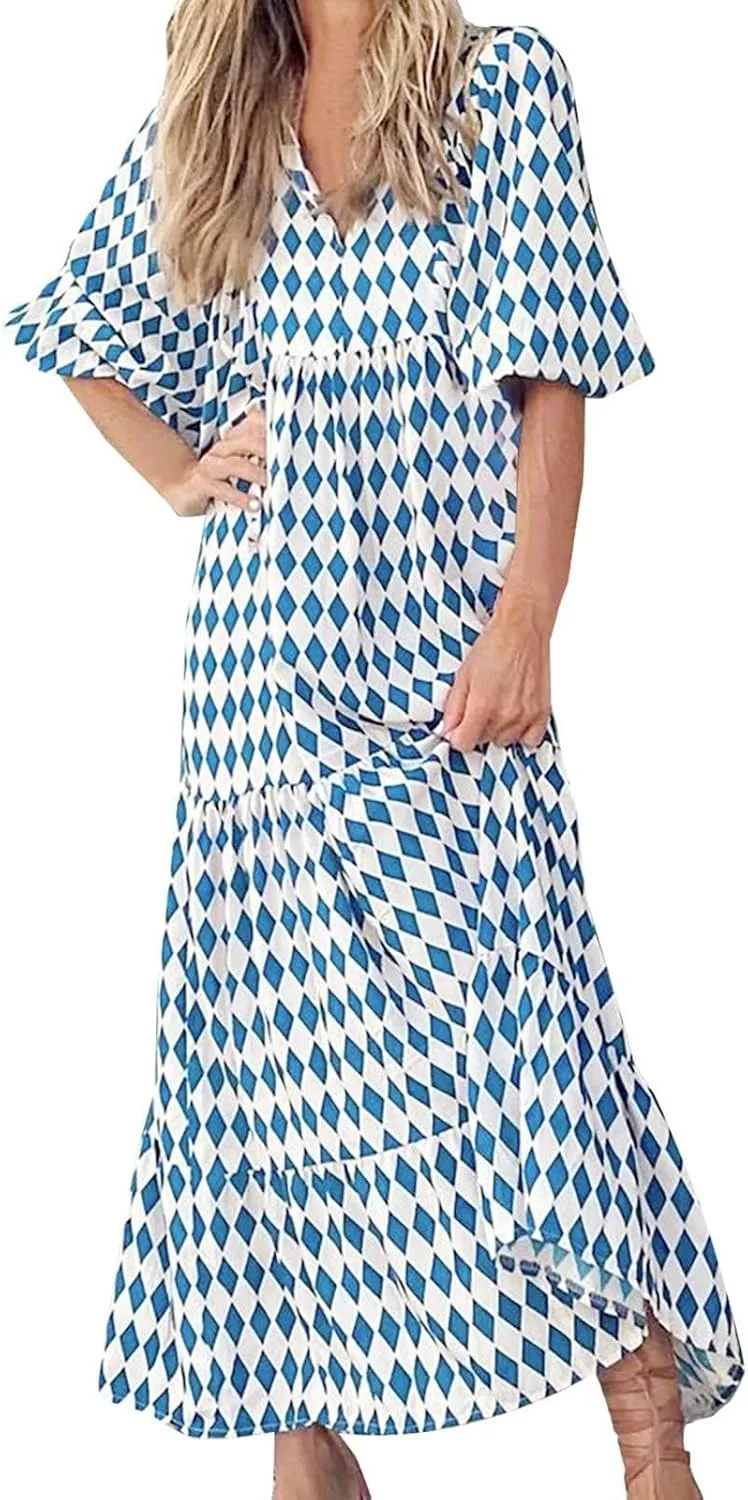 Womens Boho Maxi Dresses V Neck Puff Sleeve Smocked Ruffle Flowy Long Dress Casual Floral Swing Dresses Beach Dress