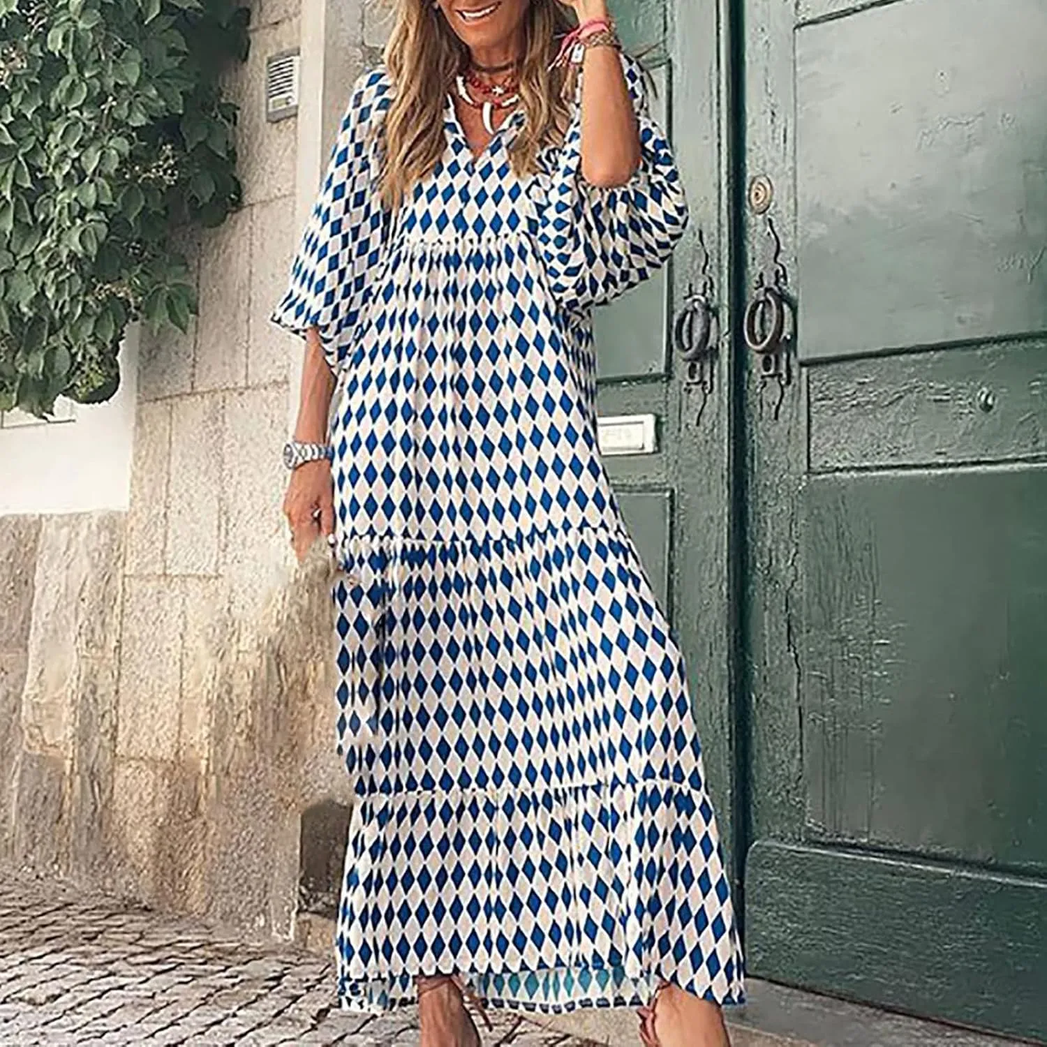 Womens Boho Maxi Dresses V Neck Puff Sleeve Smocked Ruffle Flowy Long Dress Casual Floral Swing Dresses Beach Dress