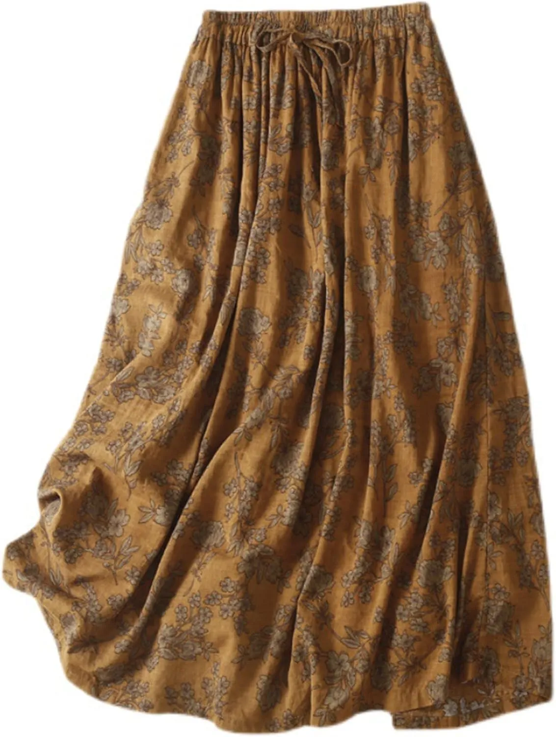 Womens Boho Pleated A-Line Skirt Summer Elastic High Waist Midi Skirts Floral Print Casual Beach Skirt with Pockets