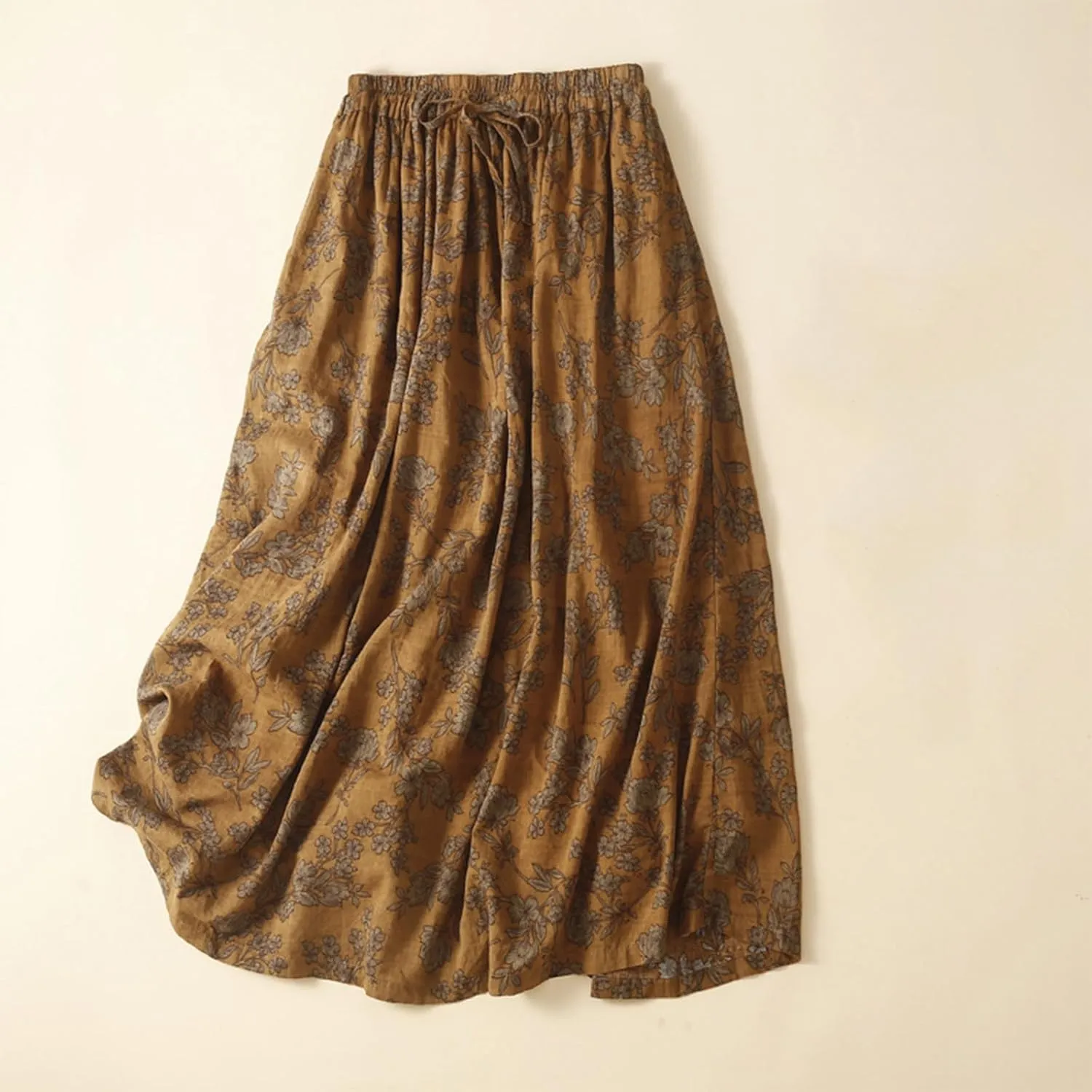 Womens Boho Pleated A-Line Skirt Summer Elastic High Waist Midi Skirts Floral Print Casual Beach Skirt with Pockets