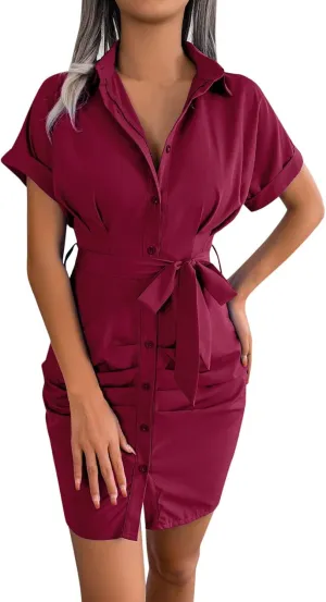 Womens Button Down Shirt Dresses Beach Button Down Shirt Dresses Dressy Casual Cuffed Sleeve Tiered Mini Tunic Dress