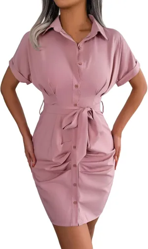 Womens Button Down Shirt Dresses Beach Button Down Shirt Dresses Dressy Casual Cuffed Sleeve Tiered Mini Tunic Dress