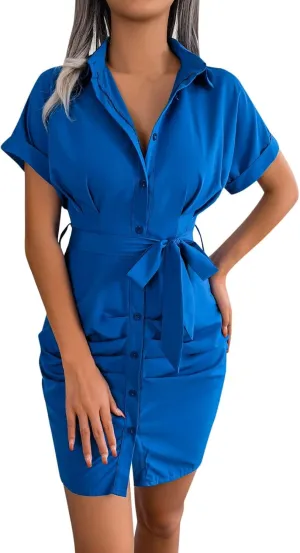 Womens Button Down Shirt Dresses Beach Button Down Shirt Dresses Dressy Casual Cuffed Sleeve Tiered Mini Tunic Dress