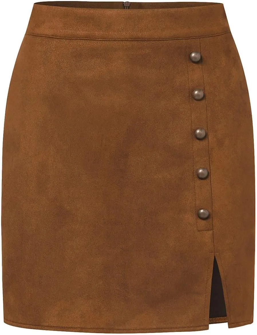 Women's Button Front Slit Mini Skirt High Waisted Bodycon Pencil Skirts Trendy Above Knee Length Wrap A Line Skirt