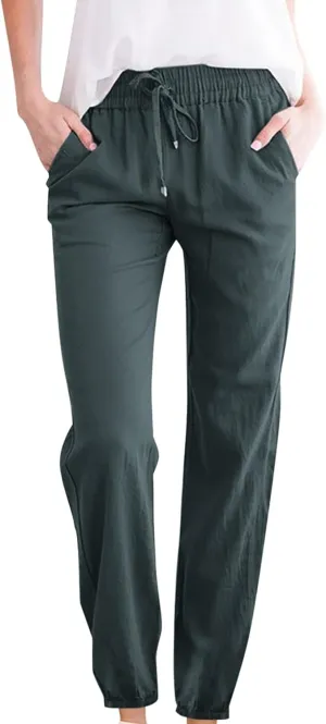 Womens Casual Cotton Linen Pants Lightweight Summer Elastic Waisted Drawstring Plus Size Solid Lounge Long Trousers