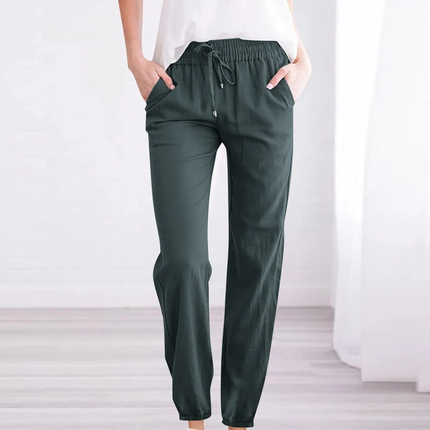 Womens Casual Cotton Linen Pants Lightweight Summer Elastic Waisted Drawstring Plus Size Solid Lounge Long Trousers