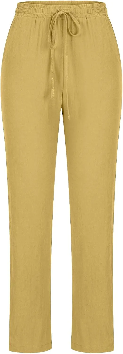 Womens Casual Cotton Linen Pants Lightweight Summer Elastic Waisted Drawstring Plus Size Solid Lounge Long Trousers