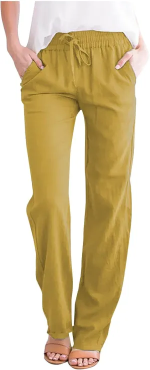 Womens Casual Cotton Linen Pants Lightweight Summer Elastic Waisted Drawstring Plus Size Solid Lounge Long Trousers