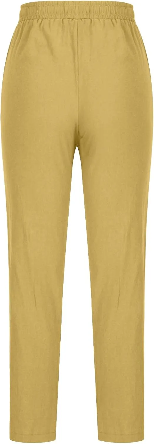 Womens Casual Cotton Linen Pants Lightweight Summer Elastic Waisted Drawstring Plus Size Solid Lounge Long Trousers