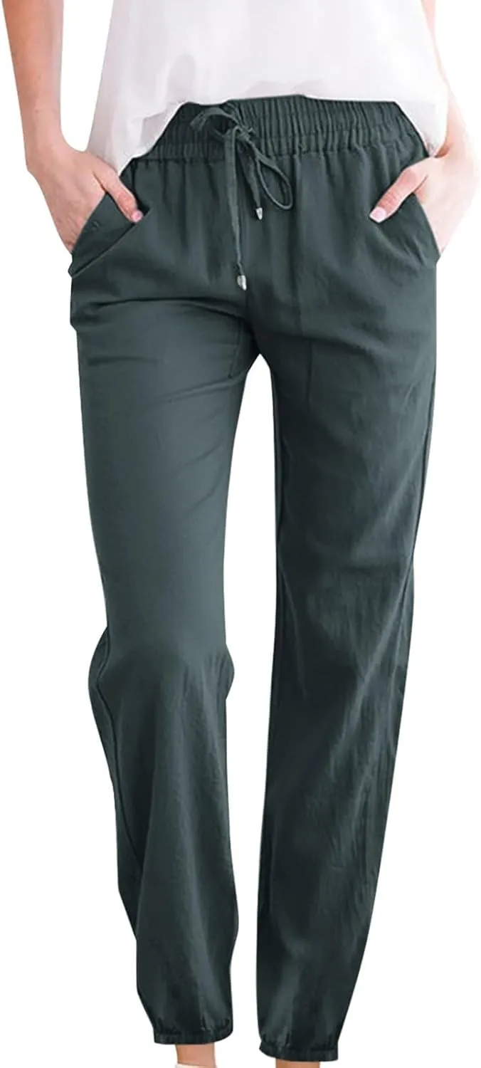 Womens Casual Cotton Linen Pants Lightweight Summer Elastic Waisted Drawstring Plus Size Solid Lounge Long Trousers