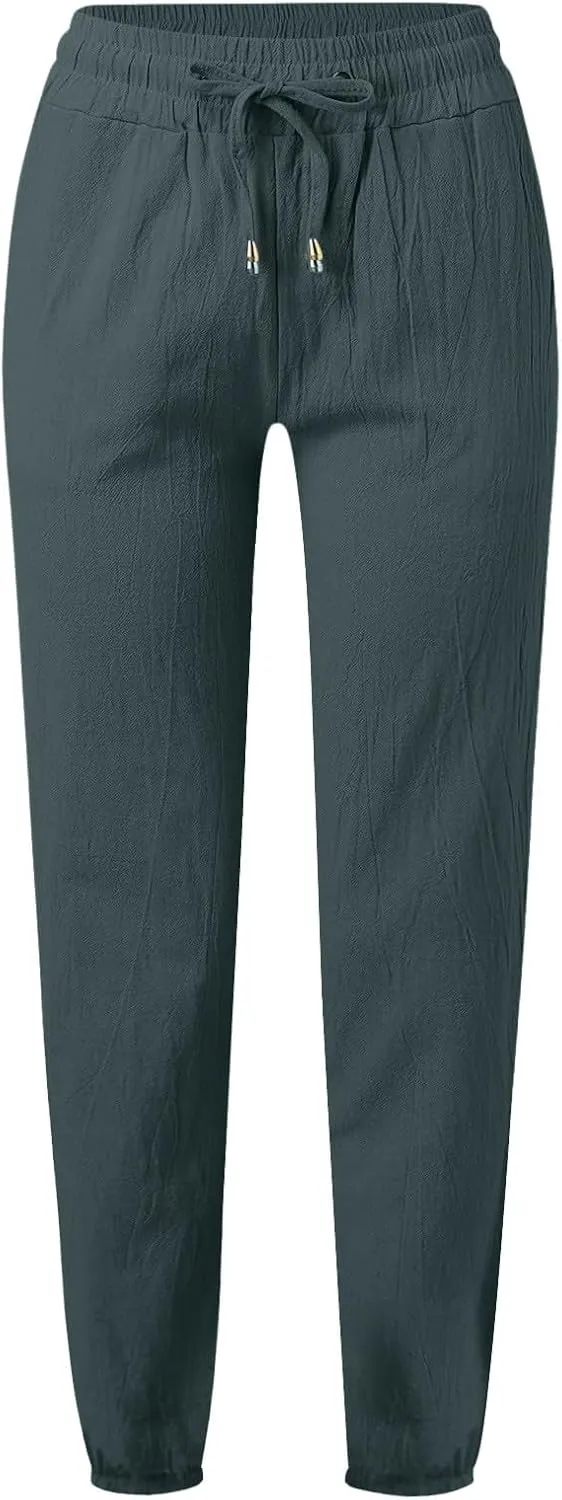 Womens Casual Cotton Linen Pants Lightweight Summer Elastic Waisted Drawstring Plus Size Solid Lounge Long Trousers
