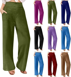 Womens Casual Linen High Waist Wide Leg Pants Summer Palazzo Flowy Boho Beach Vacation Lounge Trousers with Pockets
