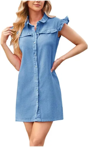Womens Casual Shirt Dresses 2025 Cinched V Neck Button Down Shirt Dresses Pleated Empire Waist Loose Mini Dress