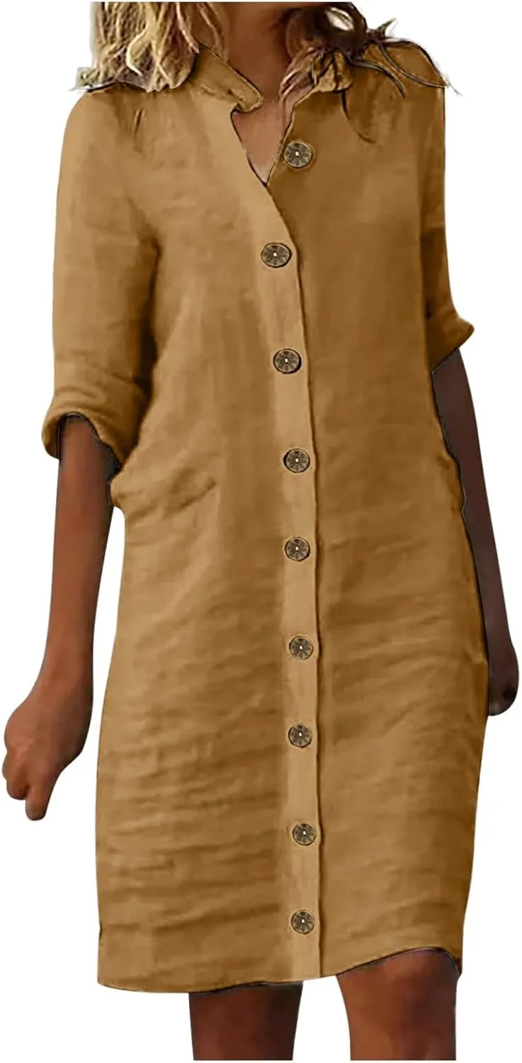 Women's Casual Shirt Dresses 2025 Cotton Short Sleeve Button Down Bathing Suit Cover up Beach Pleated Shirt Dresses