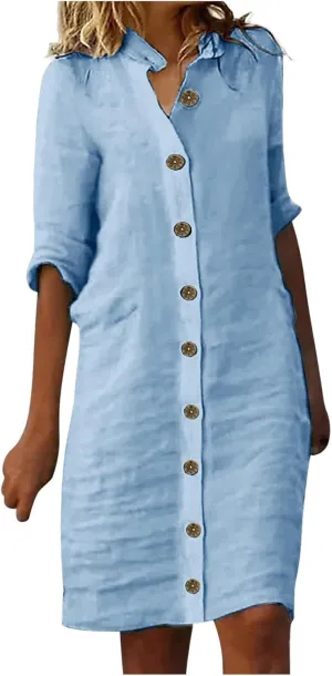Women's Casual Shirt Dresses 2025 Cotton Short Sleeve Button Down Bathing Suit Cover up Beach Pleated Shirt Dresses