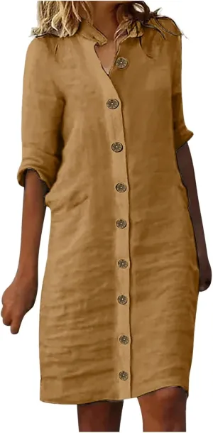 Women's Casual Shirt Dresses 2025 Cotton Short Sleeve Button Down Bathing Suit Cover up Beach Pleated Shirt Dresses