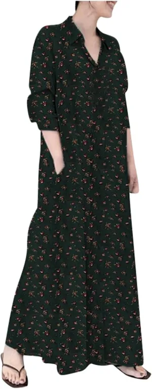 Women's Casual Shirt Dresses 2025 Plus Size Midi Cinched Shirt Dresses Split Button Down Swing Dress with Pockets