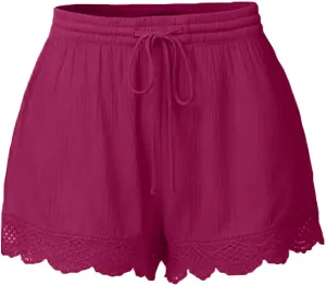 Women's Casual Shorts with Pockets Lace Trim Front Pleated Drawstring Stylish Comfortable Loose Fitting Summer Pants
