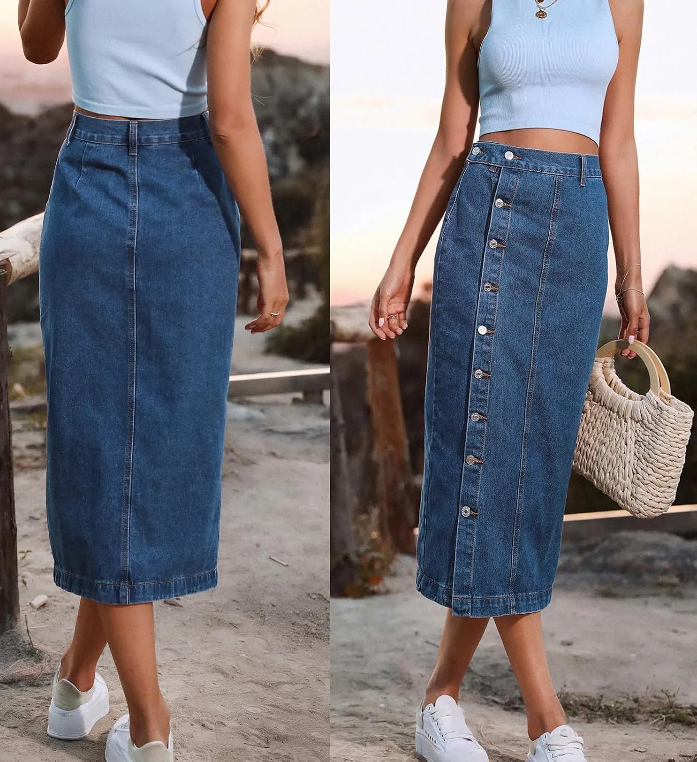 Womens Casual Slit Denim Midi Jean Skirt Stretch High Waist Frayed Button Up with Pockets