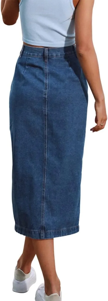Womens Casual Slit Denim Midi Jean Skirt Stretch High Waist Frayed Button Up with Pockets