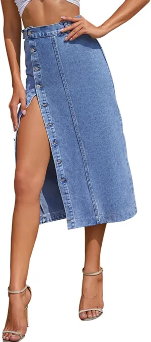 Womens Casual Slit Denim Midi Jean Skirt Stretch High Waist Frayed Button Up with Pockets