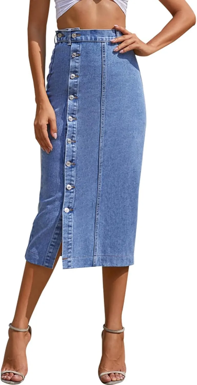 Womens Casual Slit Denim Midi Jean Skirt Stretch High Waist Frayed Button Up with Pockets
