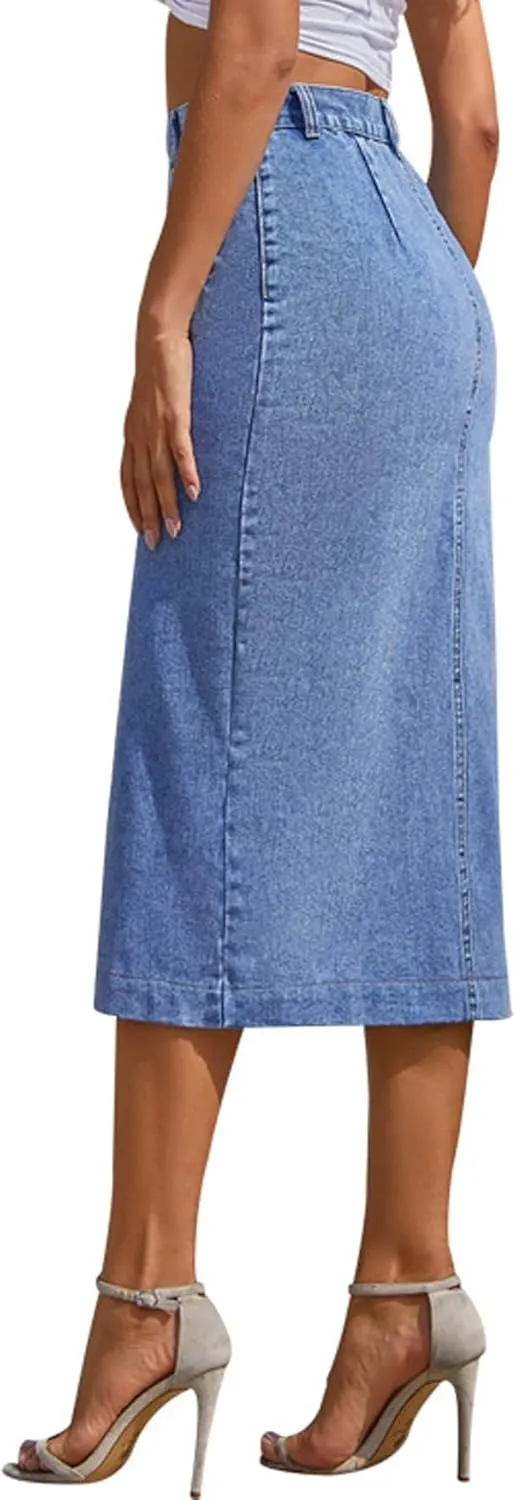 Womens Casual Slit Denim Midi Jean Skirt Stretch High Waist Frayed Button Up with Pockets