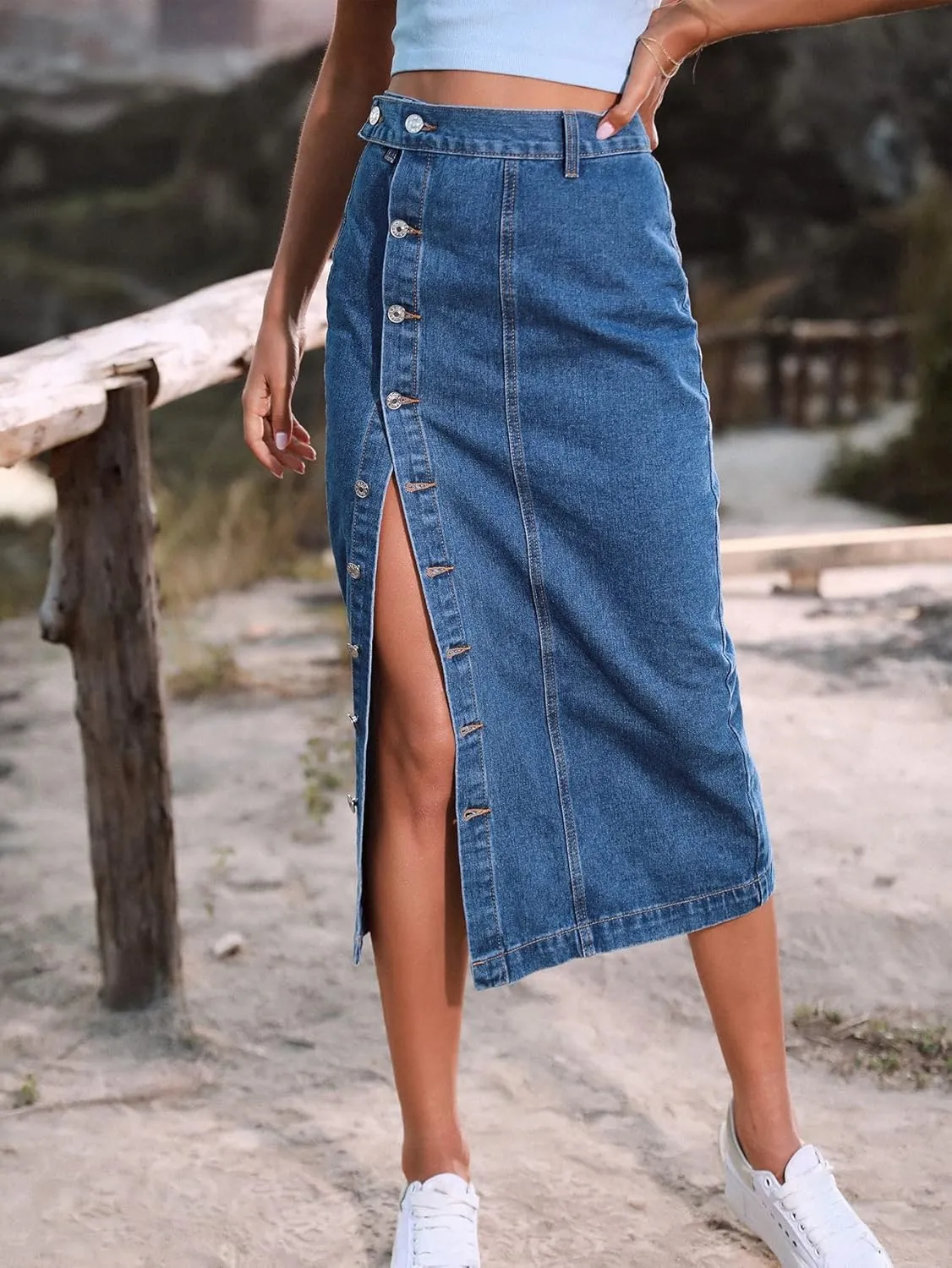 Womens Casual Slit Denim Midi Jean Skirt Stretch High Waist Frayed Button Up with Pockets