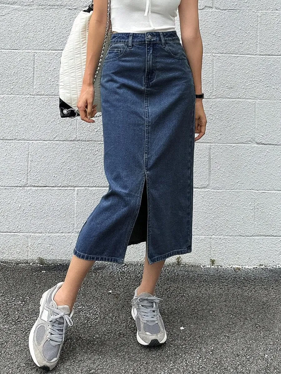 Women's Casual Slit Denim Midi Jean Skirt Stretch High Waisted Button Up Frayed with Pockets