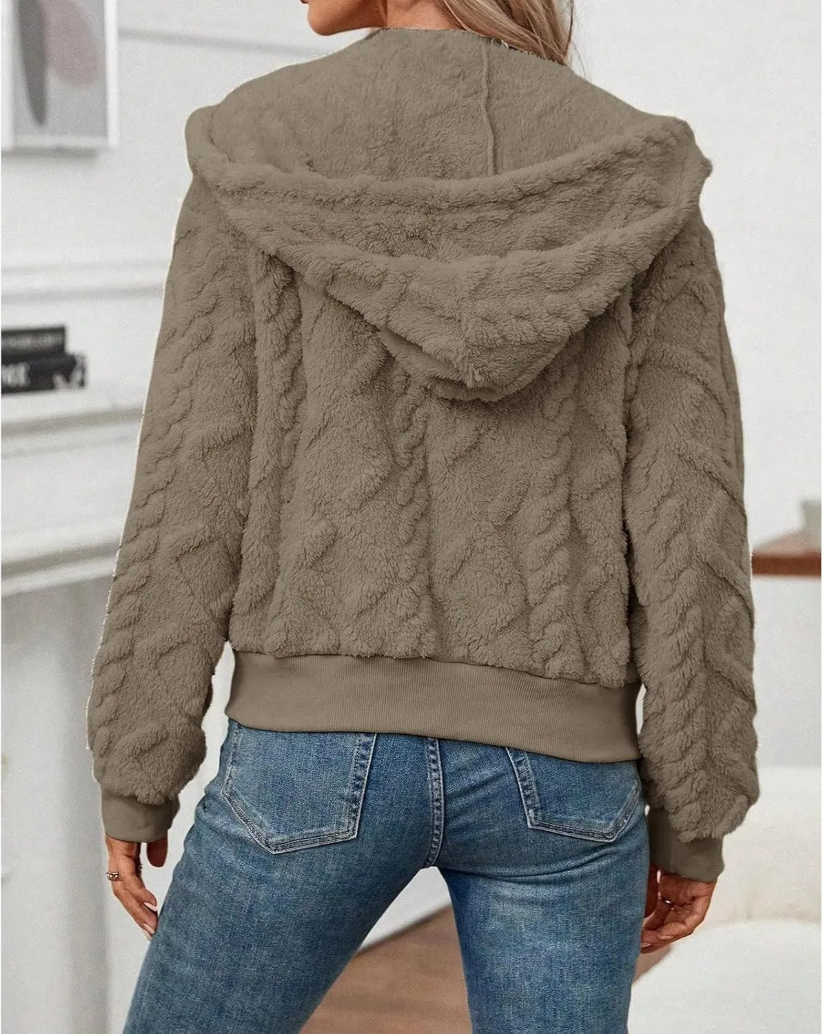Womens Cropped Jacket Full Zip Fleece Short Coats Casual Hoodie Outerwear with Pockets