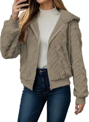 Womens Cropped Jacket Full Zip Fleece Short Coats Casual Hoodie Outerwear with Pockets