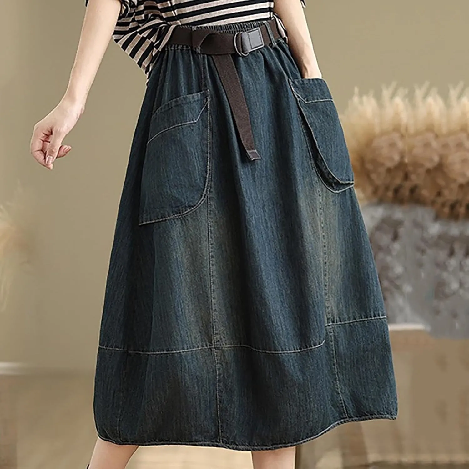 Women's Denim Midi Skirt with Big Pockets Elastic Waist Loose Casual Versatile A-line Jean Skirts Chic Cute Sundress