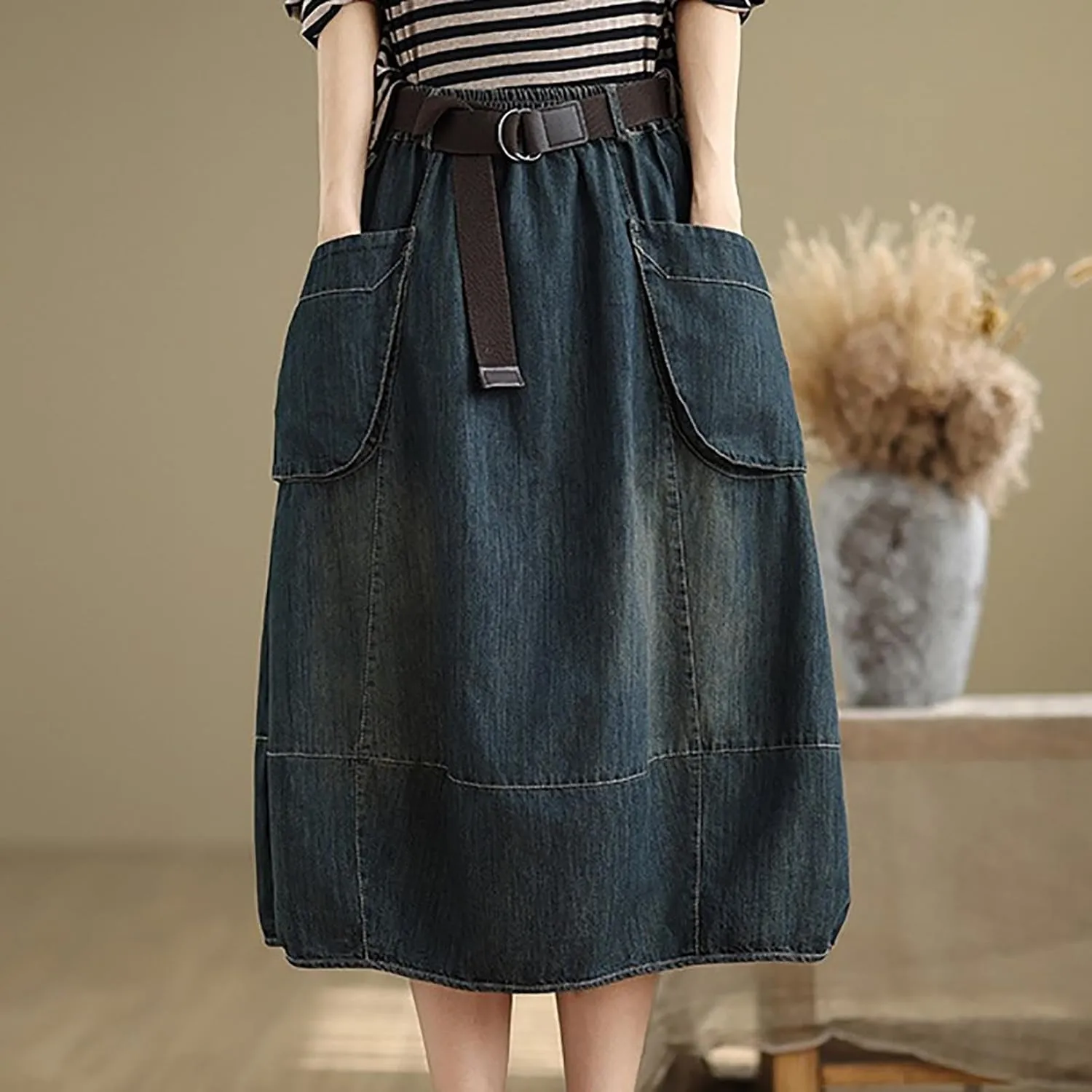 Women's Denim Midi Skirt with Big Pockets Elastic Waist Loose Casual Versatile A-line Jean Skirts Chic Cute Sundress