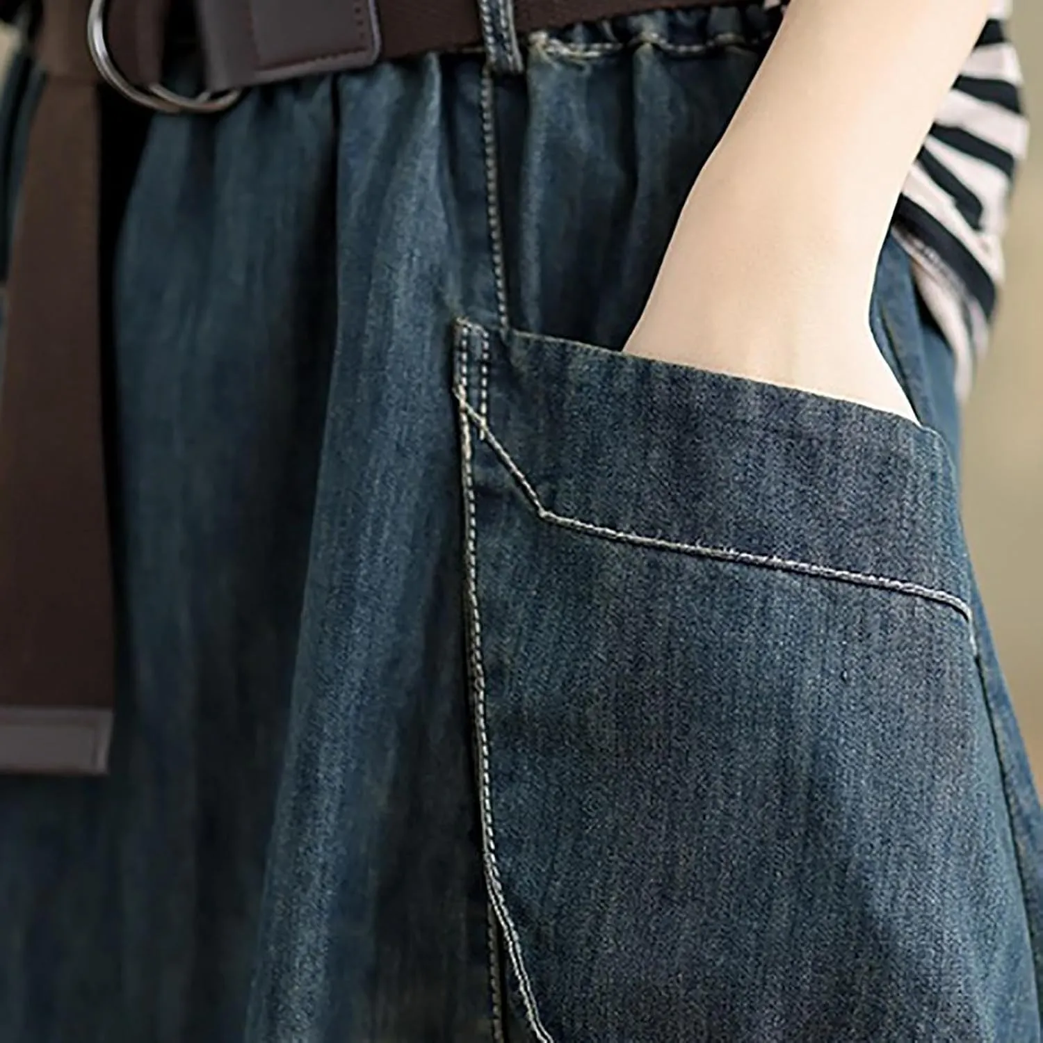 Women's Denim Midi Skirt with Big Pockets Elastic Waist Loose Casual Versatile A-line Jean Skirts Chic Cute Sundress