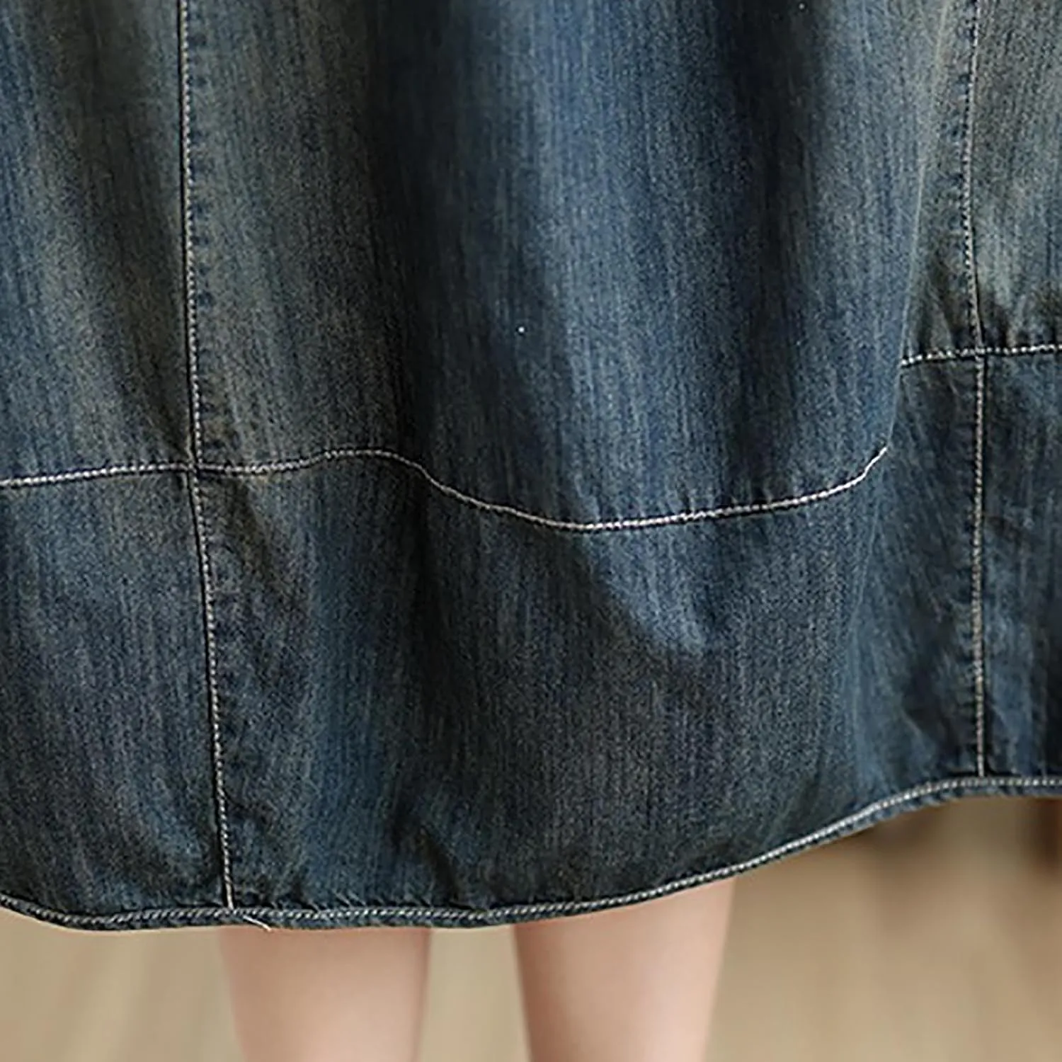 Women's Denim Midi Skirt with Big Pockets Elastic Waist Loose Casual Versatile A-line Jean Skirts Chic Cute Sundress