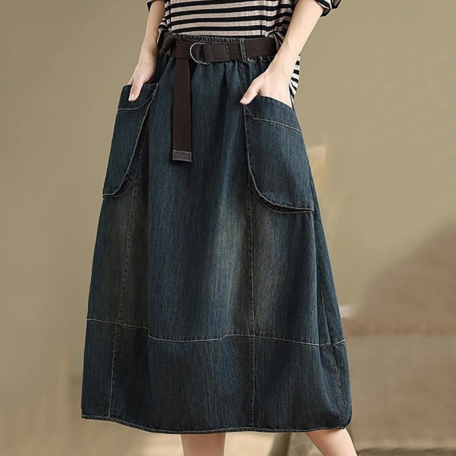 Women's Denim Midi Skirt with Big Pockets Elastic Waist Loose Casual Versatile A-line Jean Skirts Chic Cute Sundress