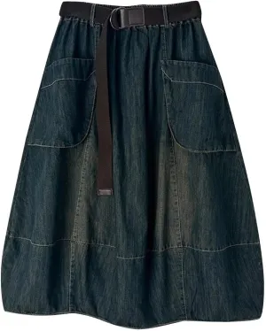 Women's Denim Midi Skirt with Big Pockets Elastic Waist Loose Casual Versatile A-line Jean Skirts Chic Cute Sundress