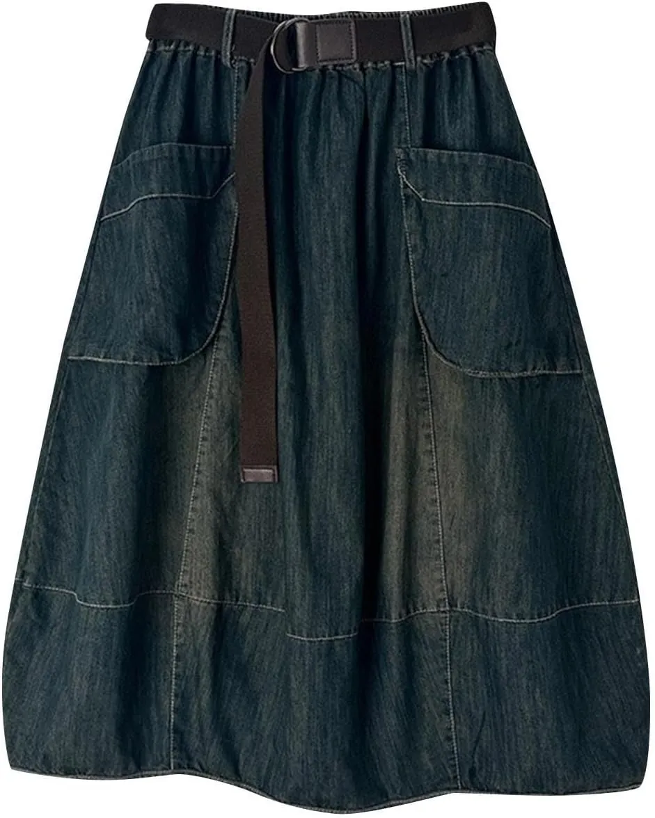 Women's Denim Midi Skirt with Big Pockets Elastic Waist Loose Casual Versatile A-line Jean Skirts Chic Cute Sundress