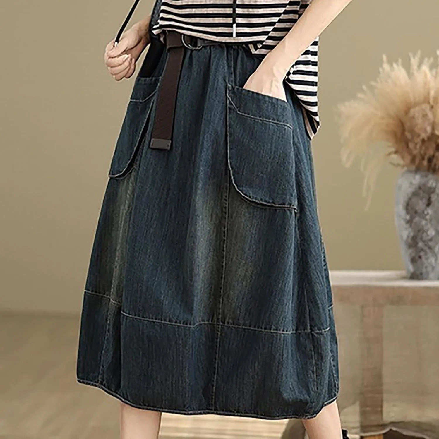 Women's Denim Midi Skirt with Big Pockets Elastic Waist Loose Casual Versatile A-line Jean Skirts Chic Cute Sundress