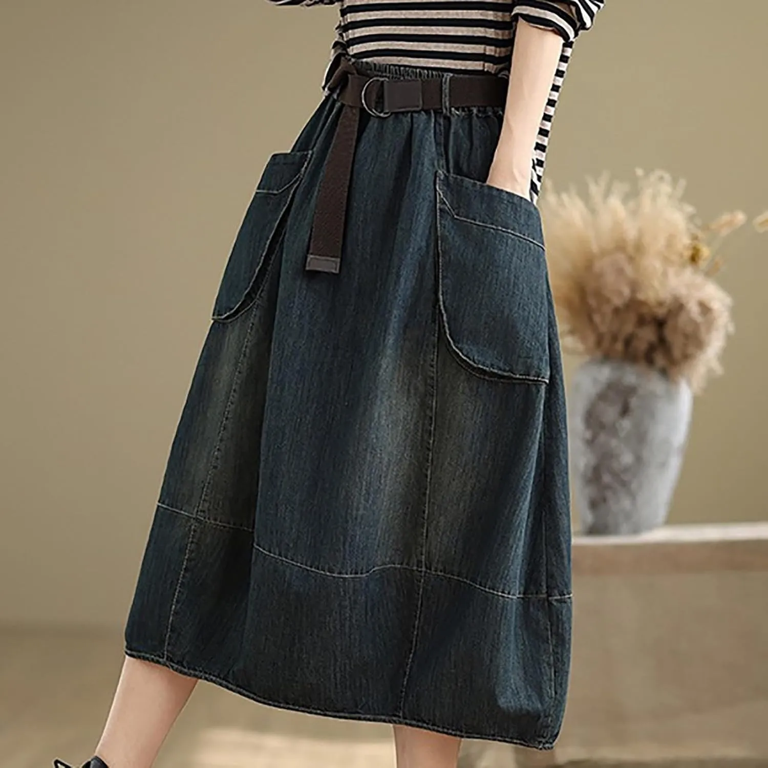 Women's Denim Midi Skirt with Big Pockets Elastic Waist Loose Casual Versatile A-line Jean Skirts Chic Cute Sundress