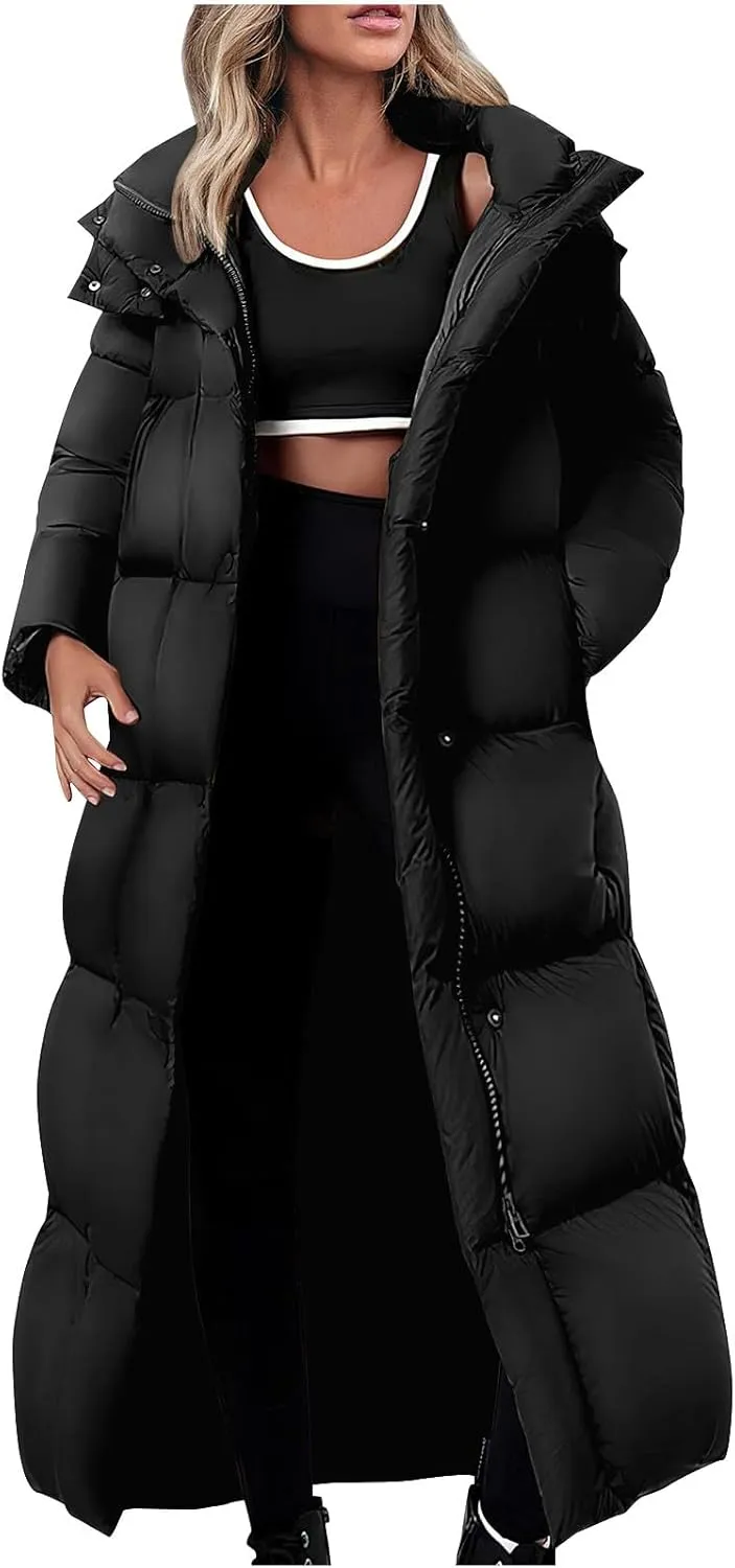 Womens Down Jacket with Hood Plus Size Thickened Winter Quilted Long Down Coats for Women Hooded Puffer Jacket