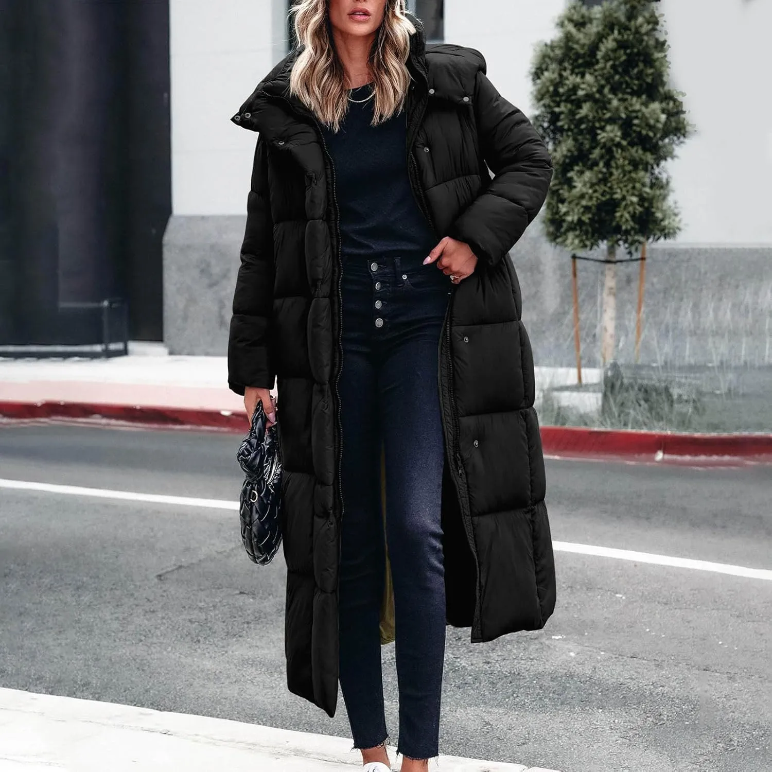 Womens Down Jacket with Hood Plus Size Thickened Winter Quilted Long Down Coats for Women Hooded Puffer Jacket